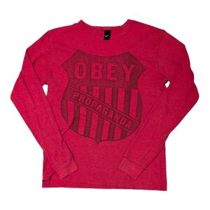 Vintage Obey Propaganda Red Long Sleeve Thermal Shirt Waffle Knit Streetwear S